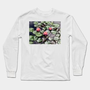 Pink Water Lilly Flower Trio floating on a Garden Pond Long Sleeve T-Shirt